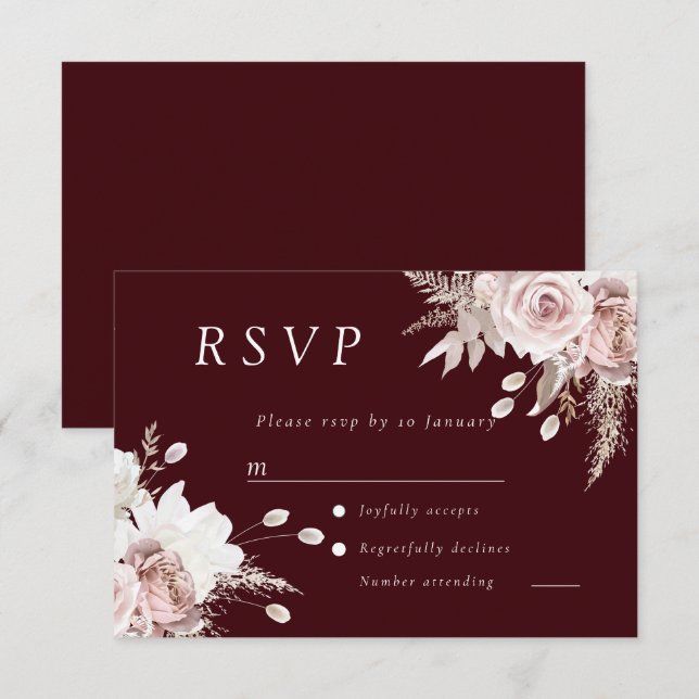 Dusty Rose Blush Floral Wedding Deep Burgundy RSVP Karte (Vorne/Hinten)