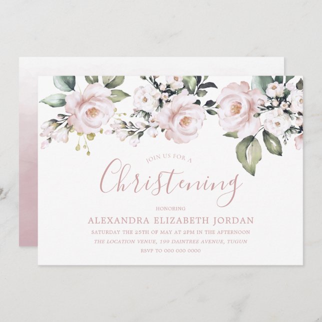 Dusty Rose Blush Pink Blume Christening Taufe Einladung (Vorne/Hinten)