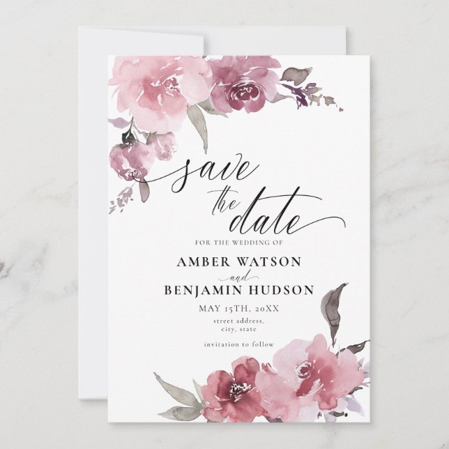 Dusty Rose Blush Pink Blume Save the Date floral Einladung (Vorderseite)