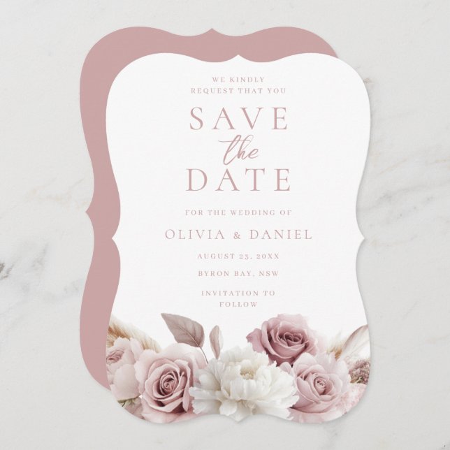 Dusty Rose & Blush Rose Hochzeitsfeiern Save The Date (Vorne/Hinten)