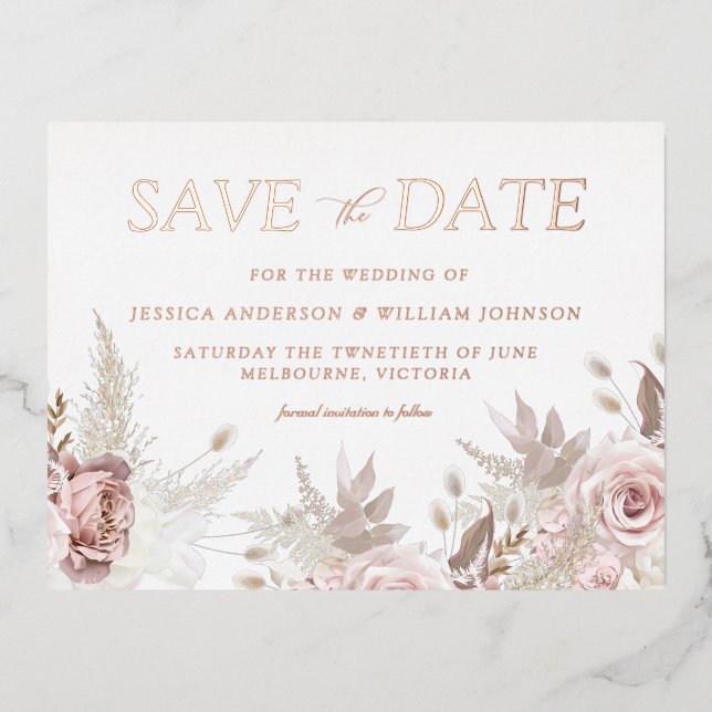 Dusty Rose Blush Wedding Save the Date Rose Gold Folie Einladungspostkarte (Vorderseite)