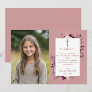 Dusty Rose Boho Floral Foto Erste Heilige Kommune Dankeskarte
