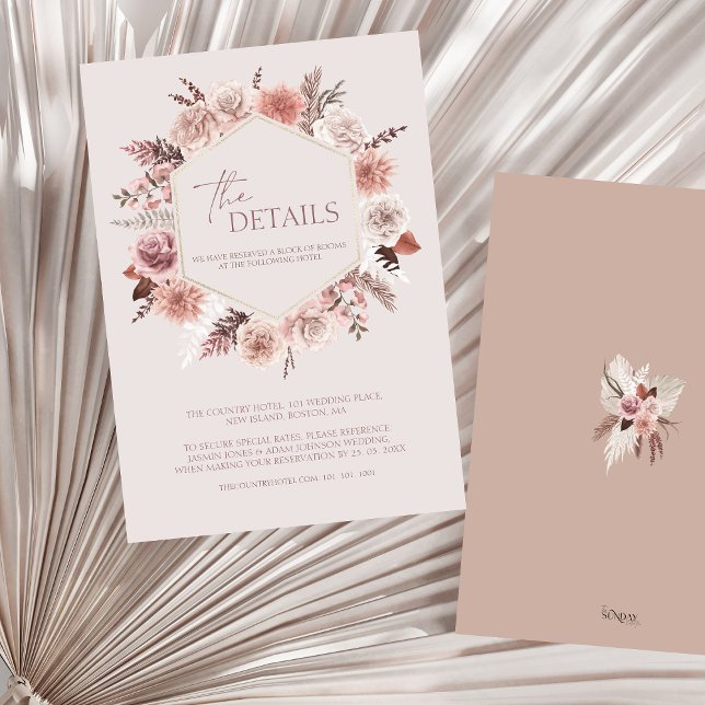 Dusty Rose Boho Pampas Floral Wedding Details Begleitkarte (Boho Dusty Pink Floral Wreath Wedding Details Enclosure Card)