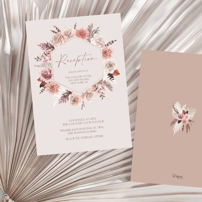 Dusty Rose Boho Pampas Floral Wedding Reception Begleitkarte (Boho Dusty Pink Floral Wreath Wedding Reception Enclosure Card)
