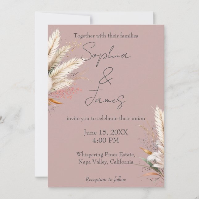 Dusty Rose Boho Pampas Grass Wedding Einladung (Vorderseite)