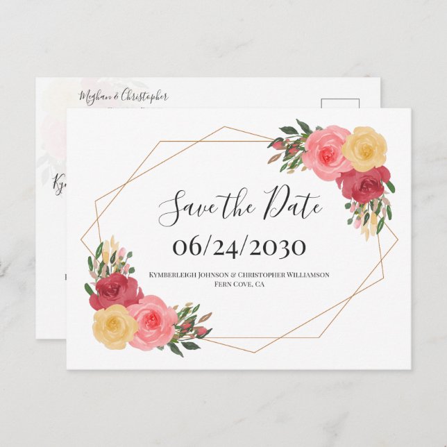 Dusty Rose Boho Wasserfarbe Save the Date Postkarte (Vorne/Hinten)