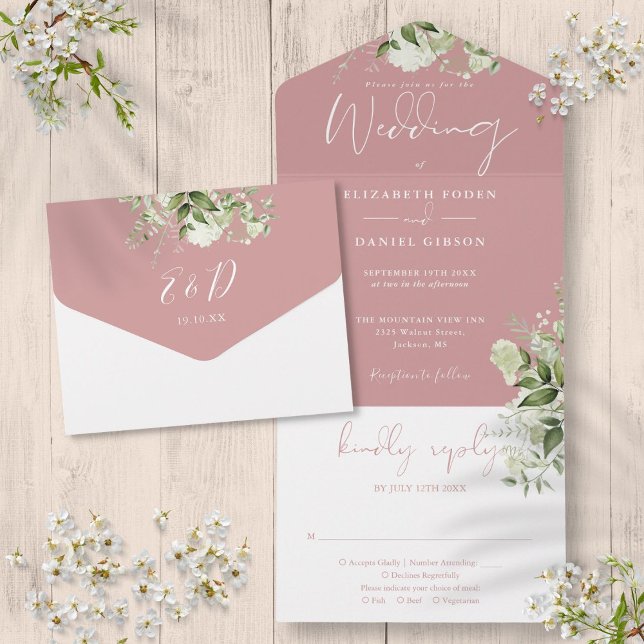 Dusty Rose Botanical Greenerity Monogram Wedding All In One Einladung (Dusty Rose Botanical Greenery Monogram Wedding All In One Invitation)