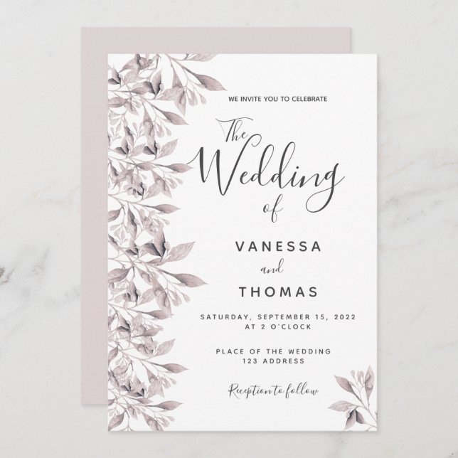 Dusty Rose botanisch-weiße Skripthochzeit Einladung (Vorne/Hinten)