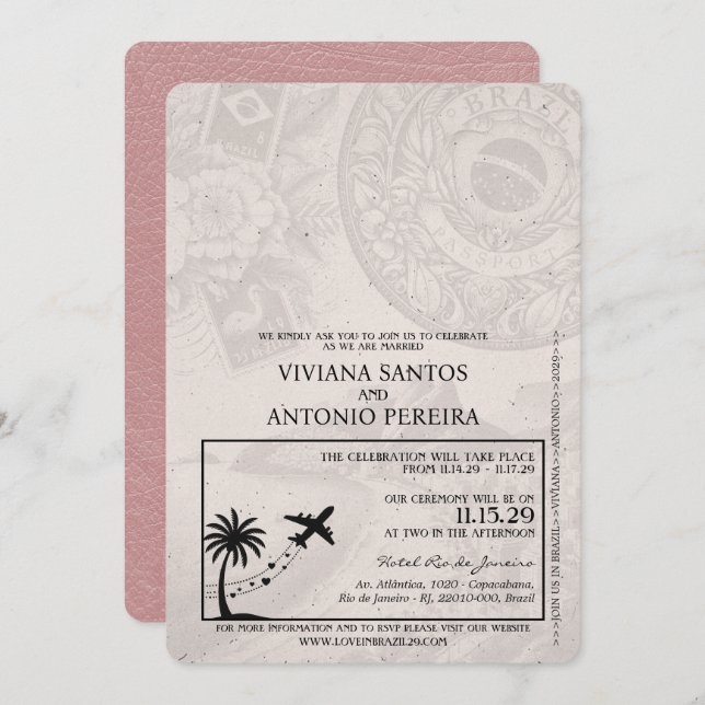Dusty Rose Brasilien Passport Hochzeit Einladung (Vorne/Hinten)