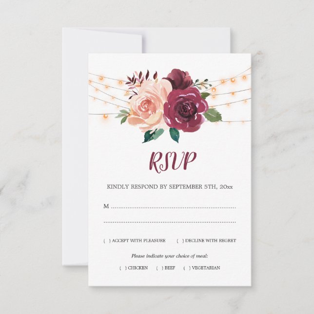 Dusty Rose Burgundy Blumenleuchter Hochzeit RSVP Karte (Vorderseite)