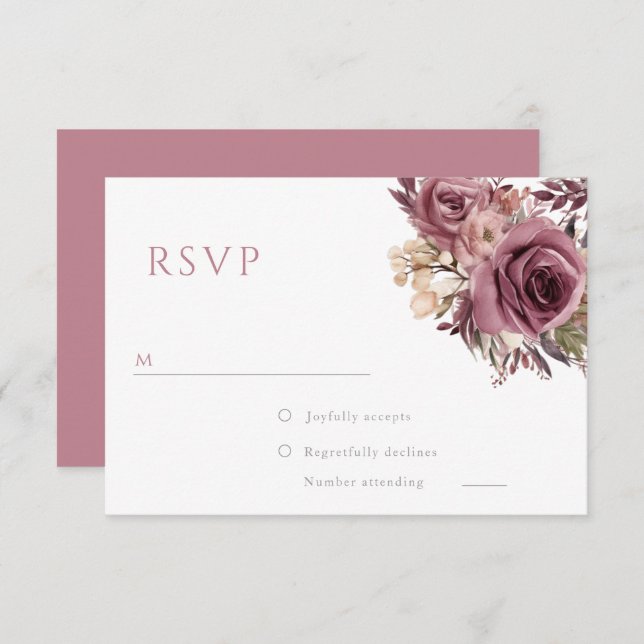 Dusty Rose & Burgundy Boho Floral Wedding RSVP Karte (Vorne/Hinten)