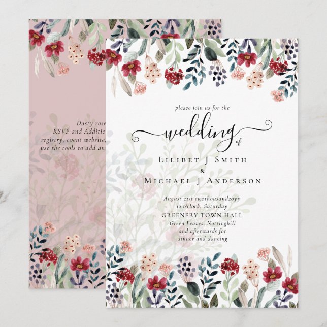 Dusty Rose Burgundy Floral Wedding Einladung (Vorne/Hinten)