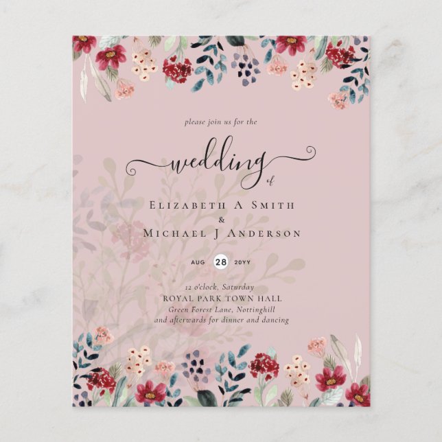 Dusty Rose Burgundy Floral Wedding Flyer (Vorne)