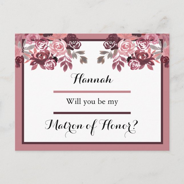 Dusty Rose Burgundy Matron of Honorar Request Card Postkarte (Vorderseite)