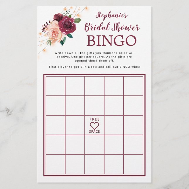 Dusty Rose Burgundy Rose Brautparty Bingo Game (Vorderseite)