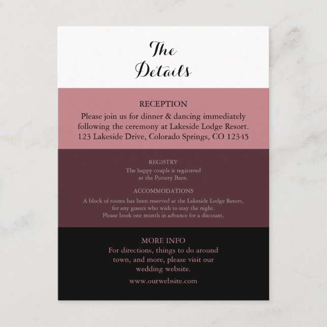 Dusty Rose Burgundy Wedding Details Card Begleitkarte (Vorderseite)
