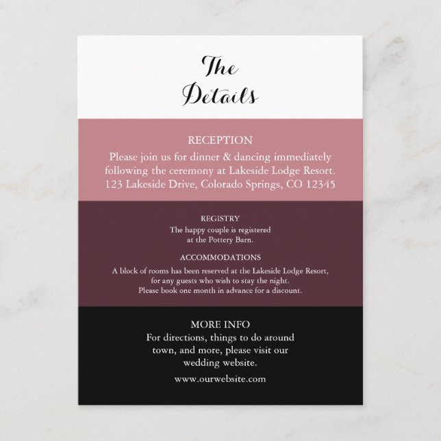 Dusty Rose Burgundy Wedding Details Card Begleitkarte (Vorderseite)
