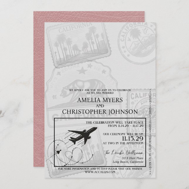 Dusty Rose California Passport Wedding Einladung (Vorne/Hinten)