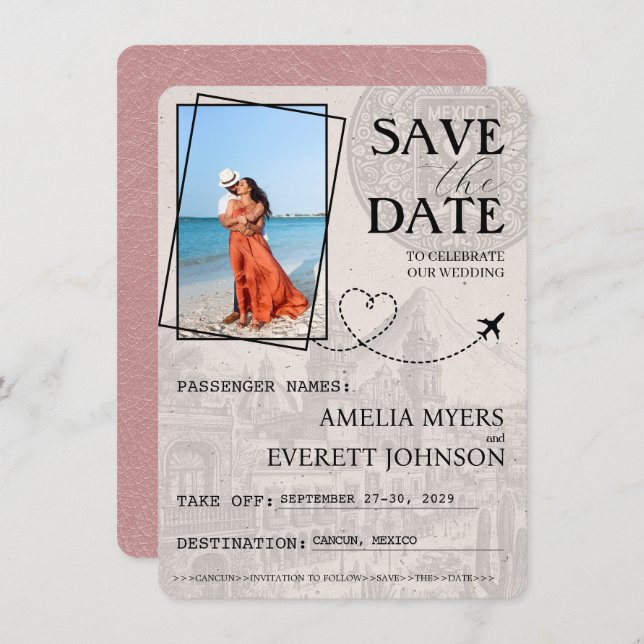 Dusty Rose Cancun Pass Save the Date (Vorne/Hinten)