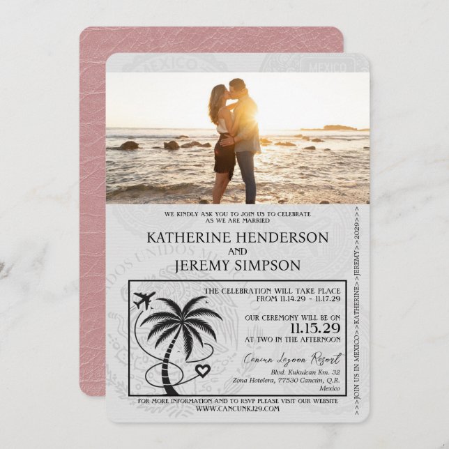 Dusty Rose Cancun Passport Wedding Einladung (Vorne/Hinten)