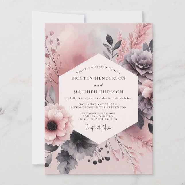 Dusty Rose Charcoal Bloom Wedding Einladung (Vorderseite)