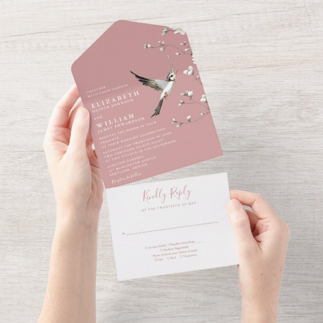 Dusty Rose Chinoiserie Blumengarten Hochzeit All In One Einladung (Abreißen)