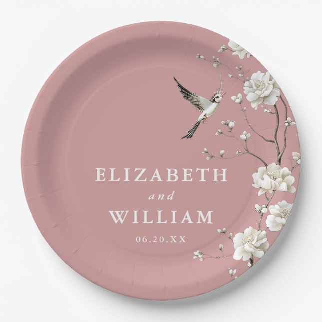 Dusty Rose Chinoiserie Blumengarten Hochzeit Pappteller (Vorderseite)
