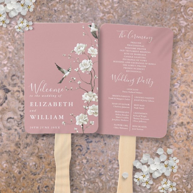 Dusty Rose Chinoiserie Blumenzwiebelprogramm Fächer (Dusty Rose Chinoiserie Floral Wedding Program Hand Fan)