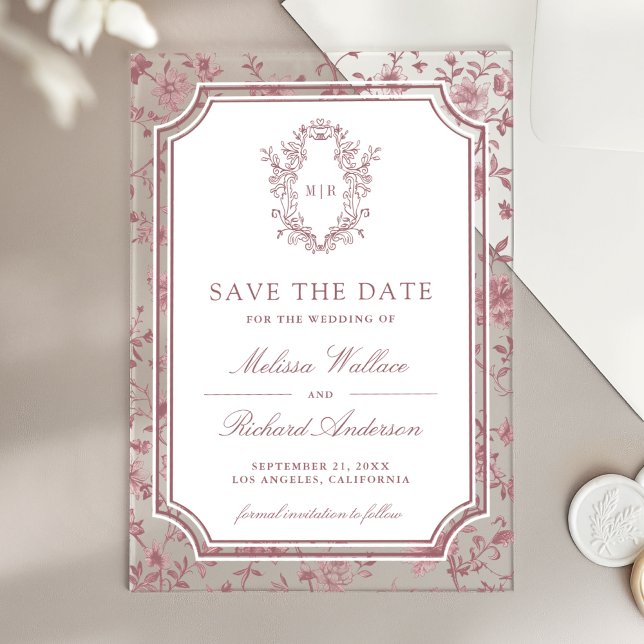 Dusty Rose Chinoiserie Crest Wedding Save the Date Acryleinladungen (Von Creator hochgeladen)
