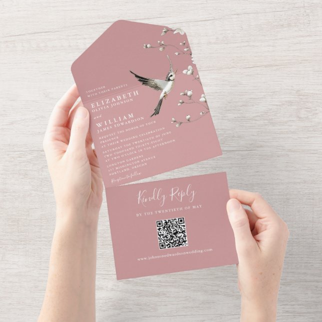Dusty Rose Chinoiserie Floral QR Code Wedding All In One Einladung (Abreißen)