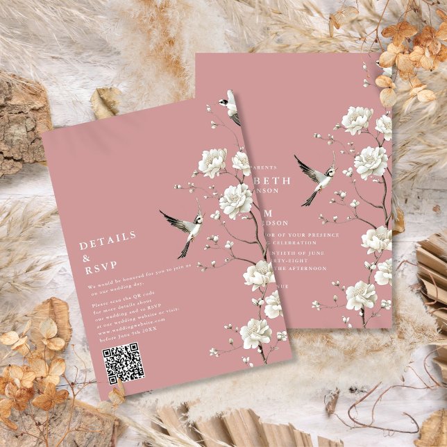 Dusty Rose Chinoiserie Floral QR Code Wedding Einladung (Dusty Rose Chinoiserie Floral QR Code Wedding Invitation)