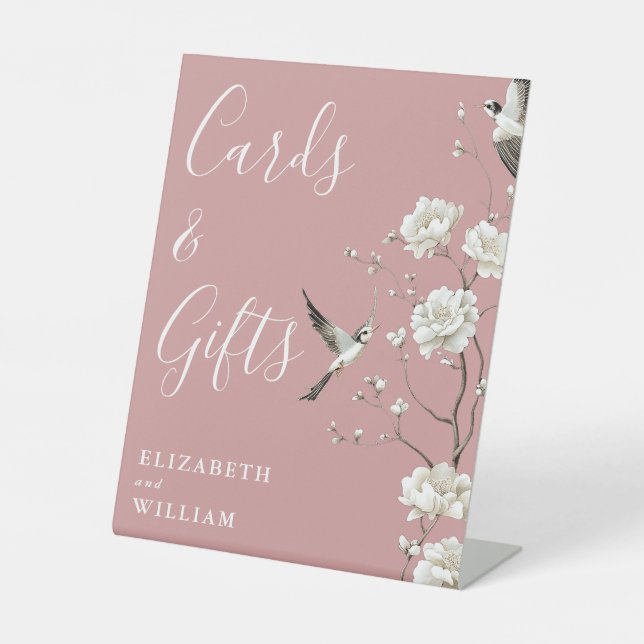 Dusty Rose Chinoiserie Karten und Geschenke Hochze Sockelschild (Vorderseite)