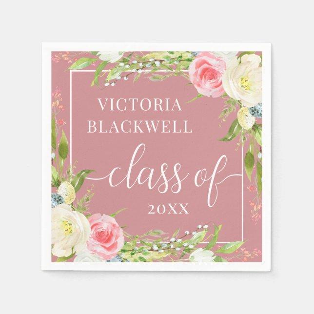 Dusty Rose Class of 2022 Floral Abschluss Serviette (Vorderseite)