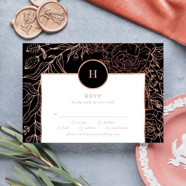 Dusty Rose Classic Gold Monogram Wreath Wedding RSVP Karte (Von Creator hochgeladen)