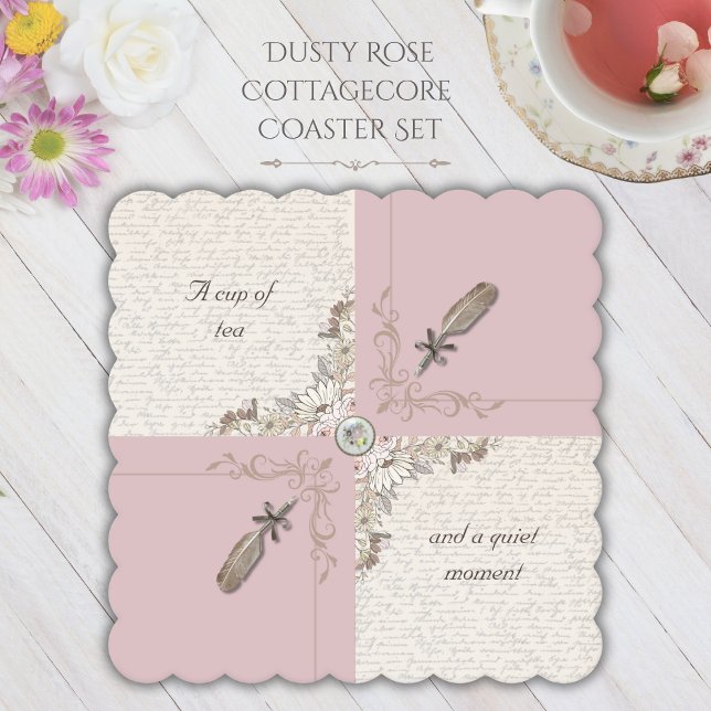 Dusty Rose Cottagecore Set aus 6 Untersetzern Untersetzer (A trending, aesthetic gift she will love for her favorite beverages!)