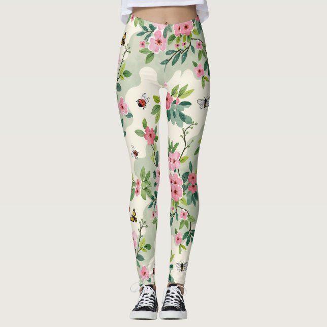 Dusty Rose Cream Butterflies Bienen Camouflage Leggings (Vorderseite)