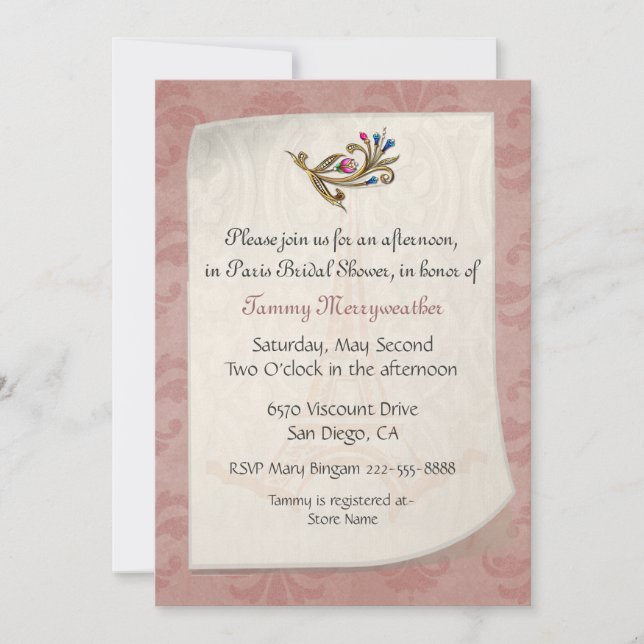 Dusty Rose Damask Brautdusche Einladung (Vorderseite)