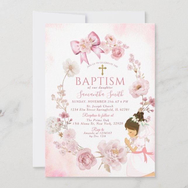 Dusty Rose Dreamy Floral Frame Cross Baptism Einladung (Vorderseite)