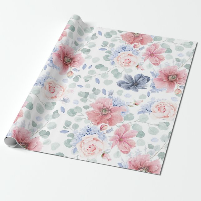 Dusty Rose Dusty Blue Floral Muster Elegant Geschenkpapier (Ungerollt)