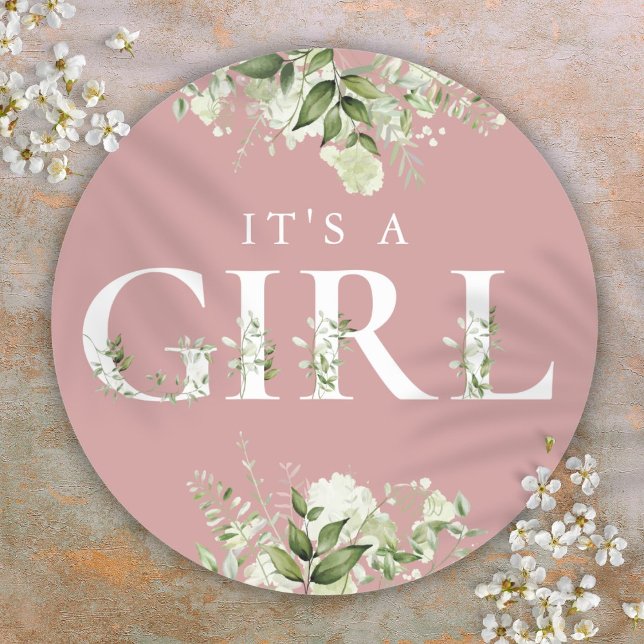 Dusty Rose Eine Blumendusche aus Girl Greenery Runder Aufkleber (Dusty Rose Its A Girl Greenery Floral Baby Shower Classic Round Sticker)