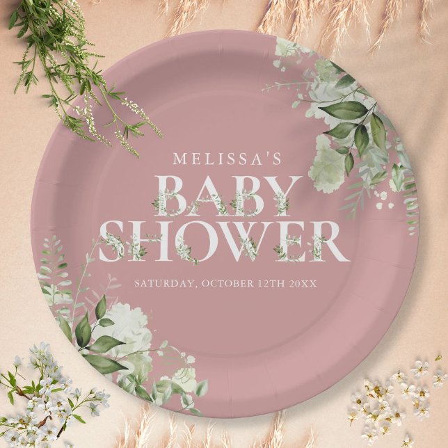 Dusty Rose Elegante Grünpflanzen Girl Babydusche Pappteller (Von Creator hochgeladen)