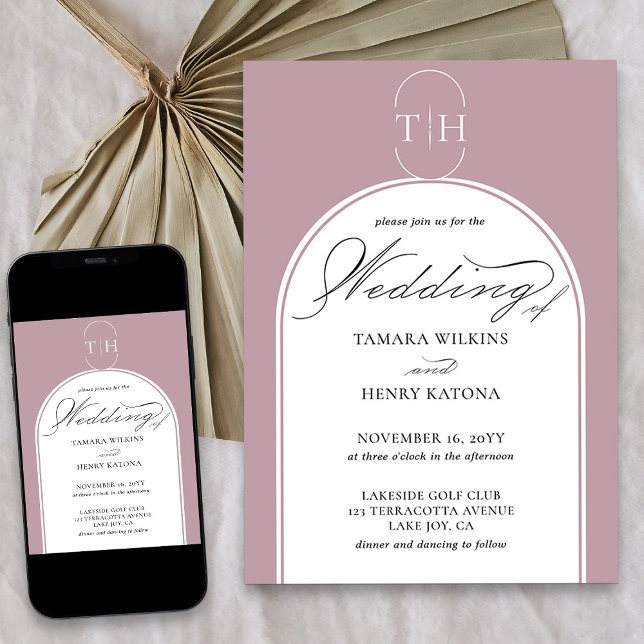 Dusty Rose Elegante Kalligrafie Mit Monogramm Hoch Einladung (Elegant dusty rose pink wedding invitation from my Wedding Colors collection)