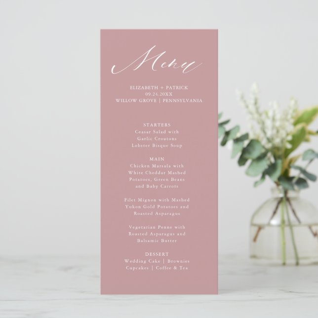 Dusty Rose Elegante Script Typografie Menükarte (Stehend Vorderseite)