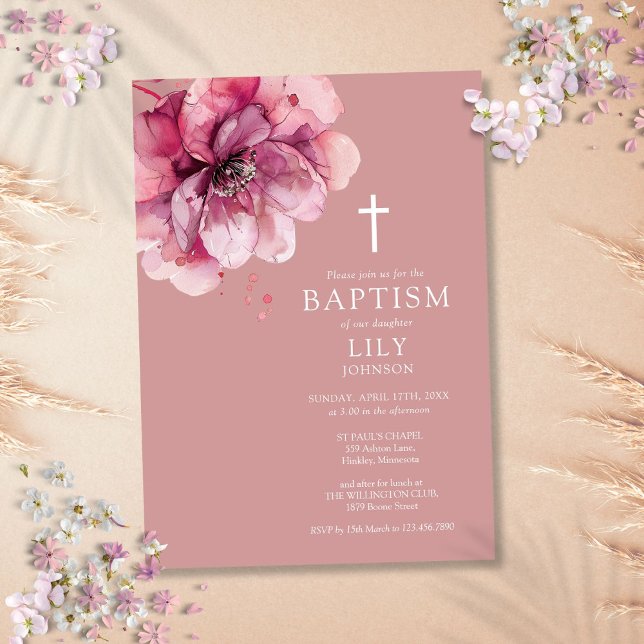 Dusty Rose Elegante Wasserfarben Blühende Taufe Einladung (Dusty Rose Elegant Watercolor Floral Baptism Invitation)