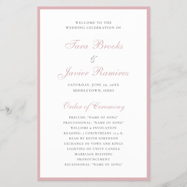 Dusty Rose Elegantes feierliches Hochzeitsprogramm (Vorne)