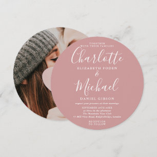 Dusty Rose Elegantes Script Circular Foto Hochzeit Einladung