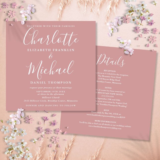 Dusty Rose Elegantes Skript in einer Hochzeit Einladung (Dusty Rose Elegant Script All In One Wedding Invitation)