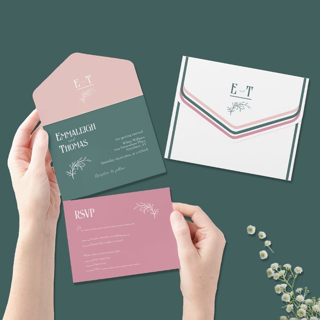 Dusty Rose Emerald Green Simple Modern Wedding All In One Einladung (Von Creator hochgeladen)