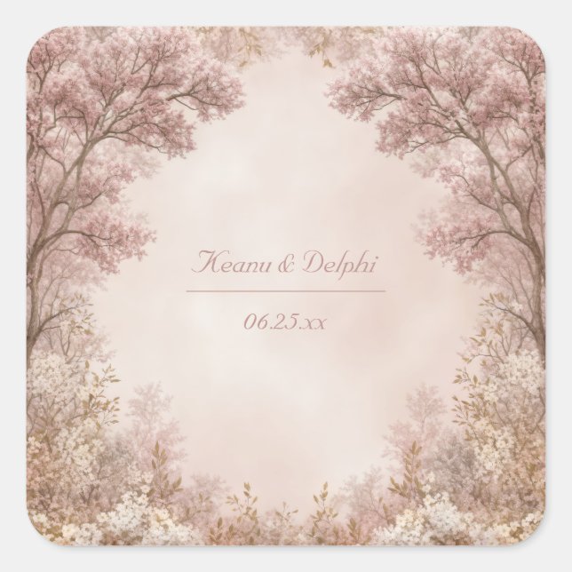 Dusty Rose Ethereal Forest Arch Wedding Quadratischer Aufkleber (Vorderseite)