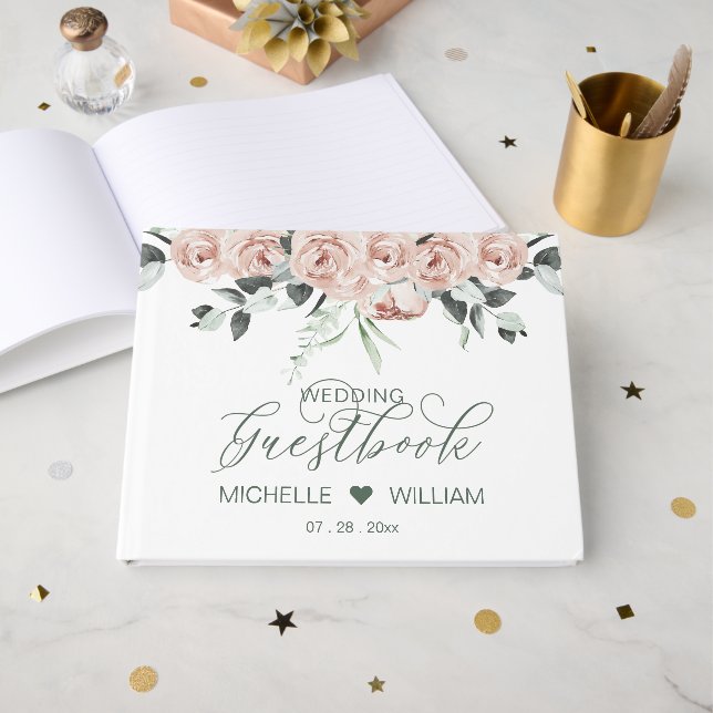 Dusty Rose Eucalyptus Elegante Script Wedding Gästebuch (Vorderseite Offen)